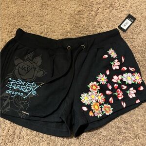 Ed Hardy Women's Black Shorts with Floral Embroidery